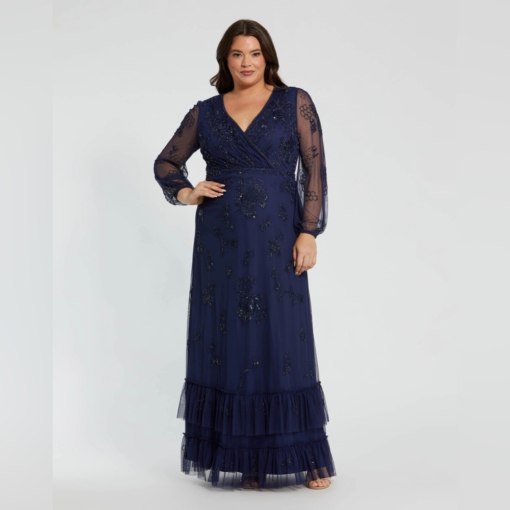 MAC DUGGAL Navy Puff Sleeve V-Neck Tiered Embellished Gown - Plus
